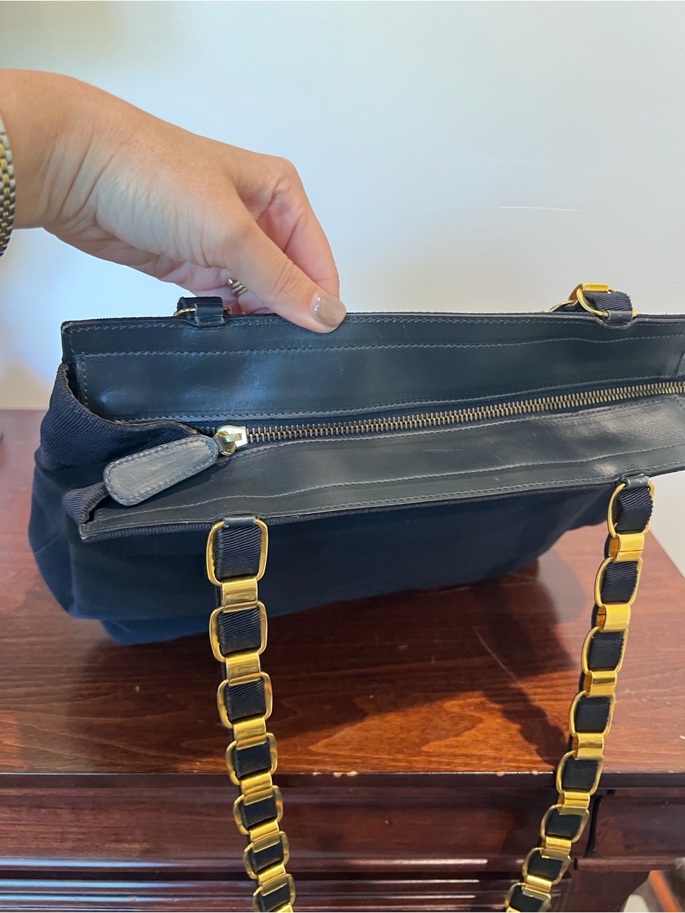Vintage Salvatore Ferragamo Navy Grosgrain Vara Chain Tote Bag - Picture 5 of 6